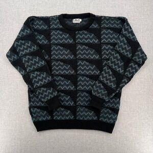 VTG 90s Lavane New York‎ Textured Knit Sweater Men L Black Abstract Cosby USA